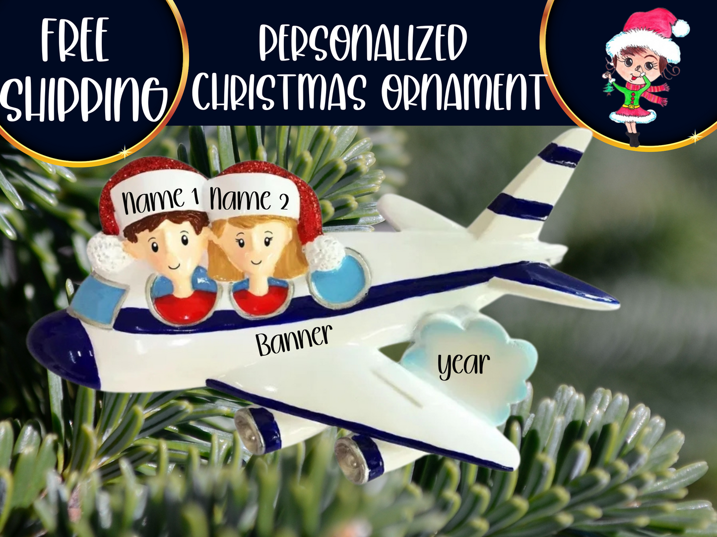 Airplane Vacation Family of 2 Personalized Christmas Ornament