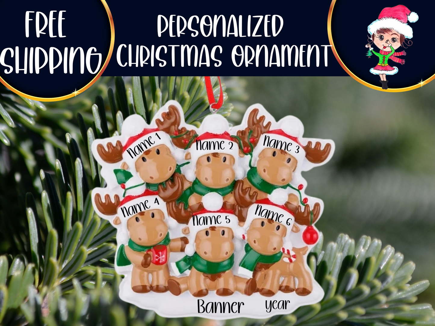 Moose Family of 6 Personalized Ornament