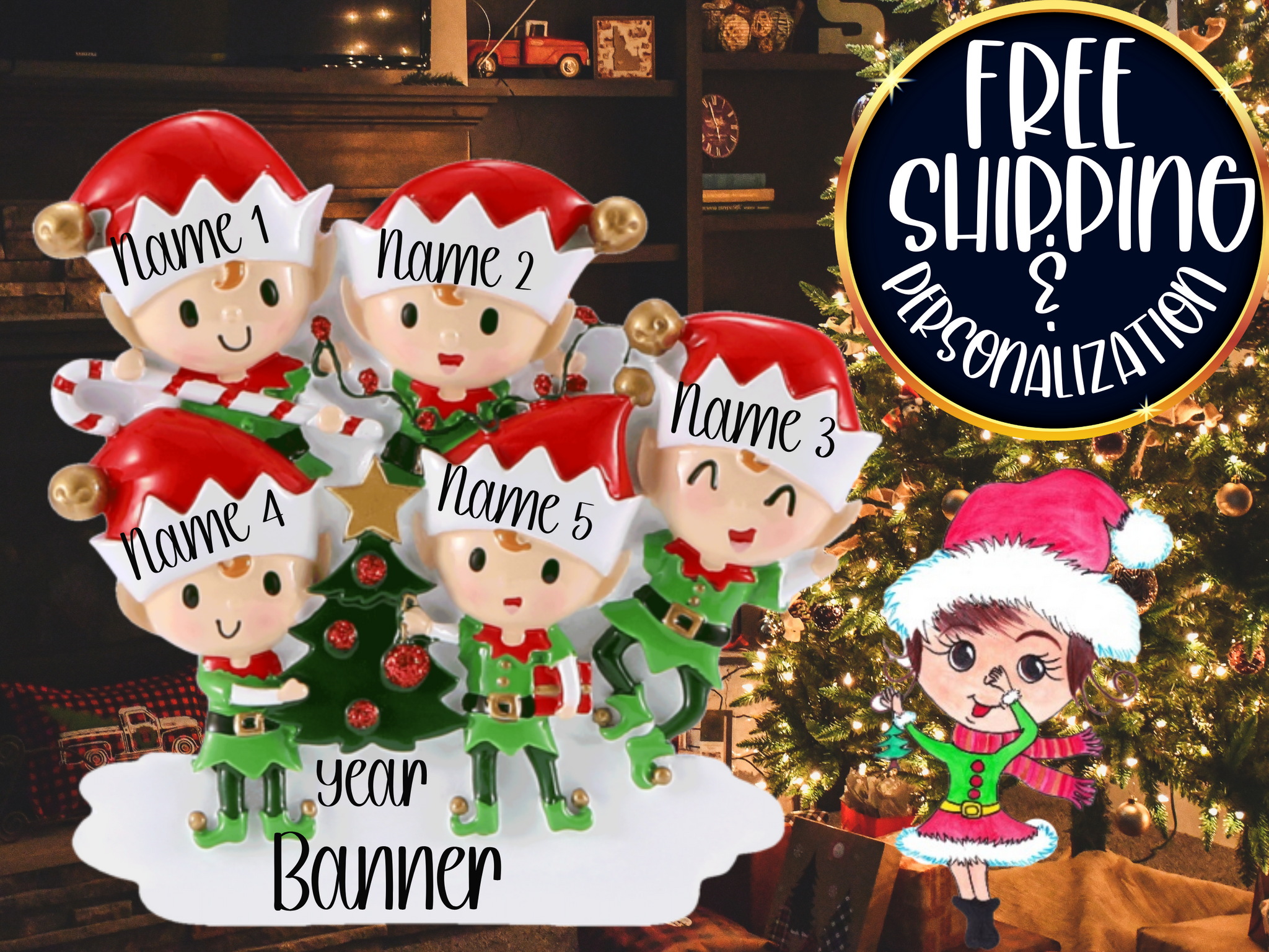 Elf Family of 5 Personalized Ornament