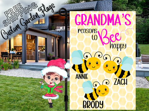 Grandma's Reasons to Bee Happy, Bee Flag,Grandkid Flag,Family Garden Flag,Flower Garden Flag,Bee Flag,Spring Honeybee Garden Flag