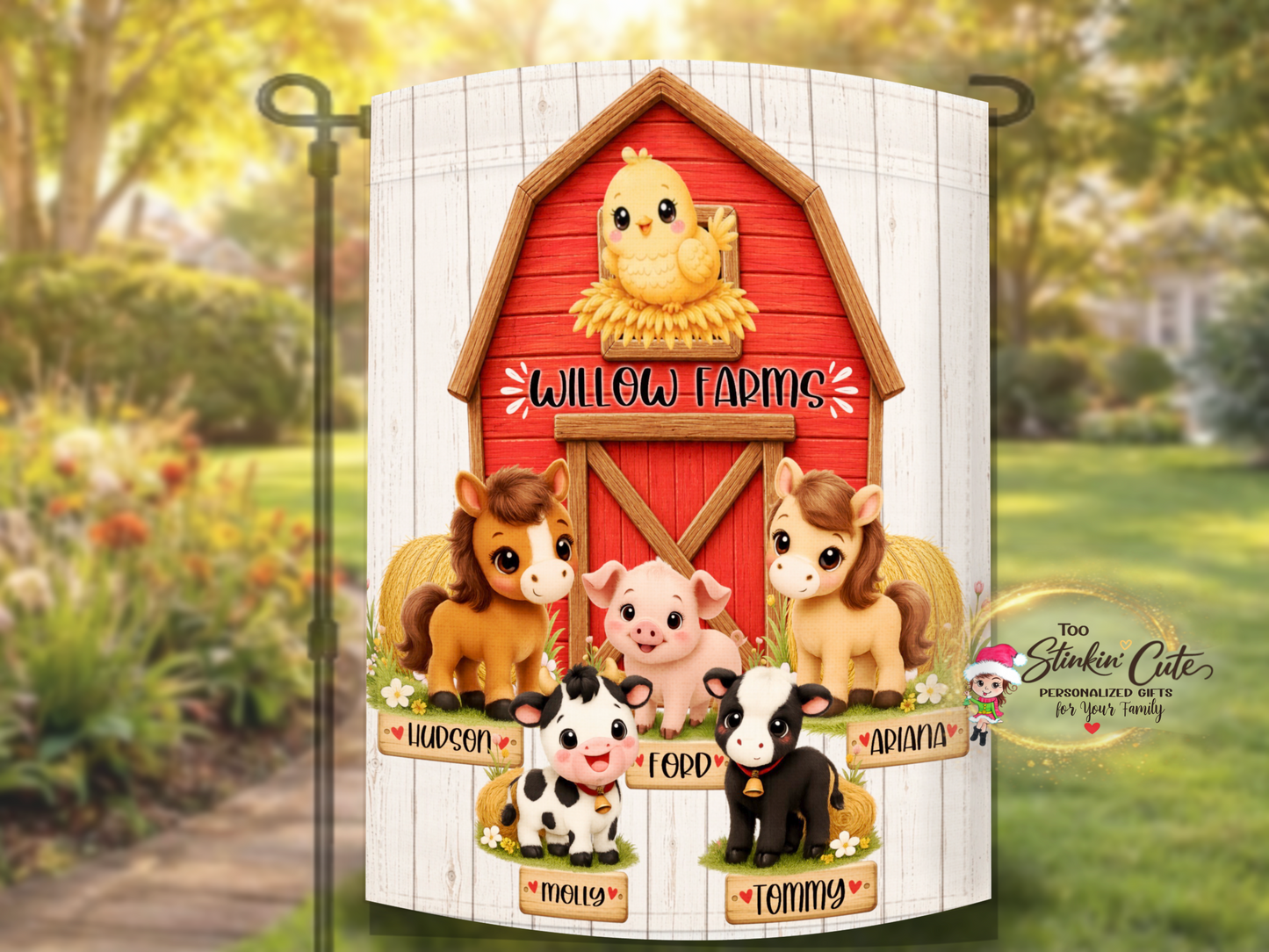 Cute animal garden flag with custom farm name and animal plaques