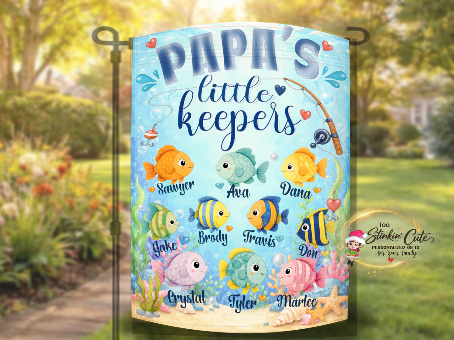 Fishing-themed personalized garden flag with custom family names
