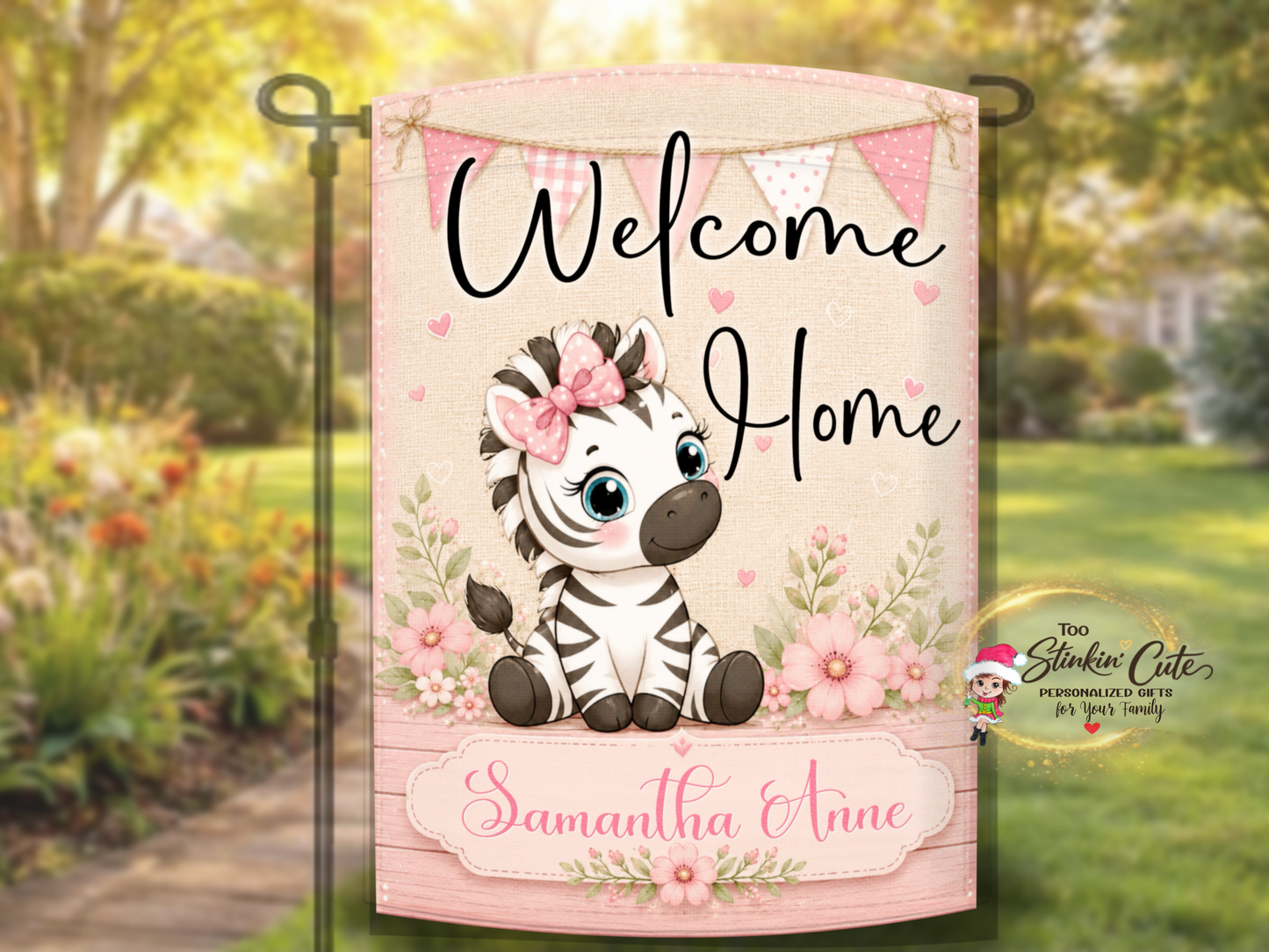 Baby girl safari garden flag customized with child's name.