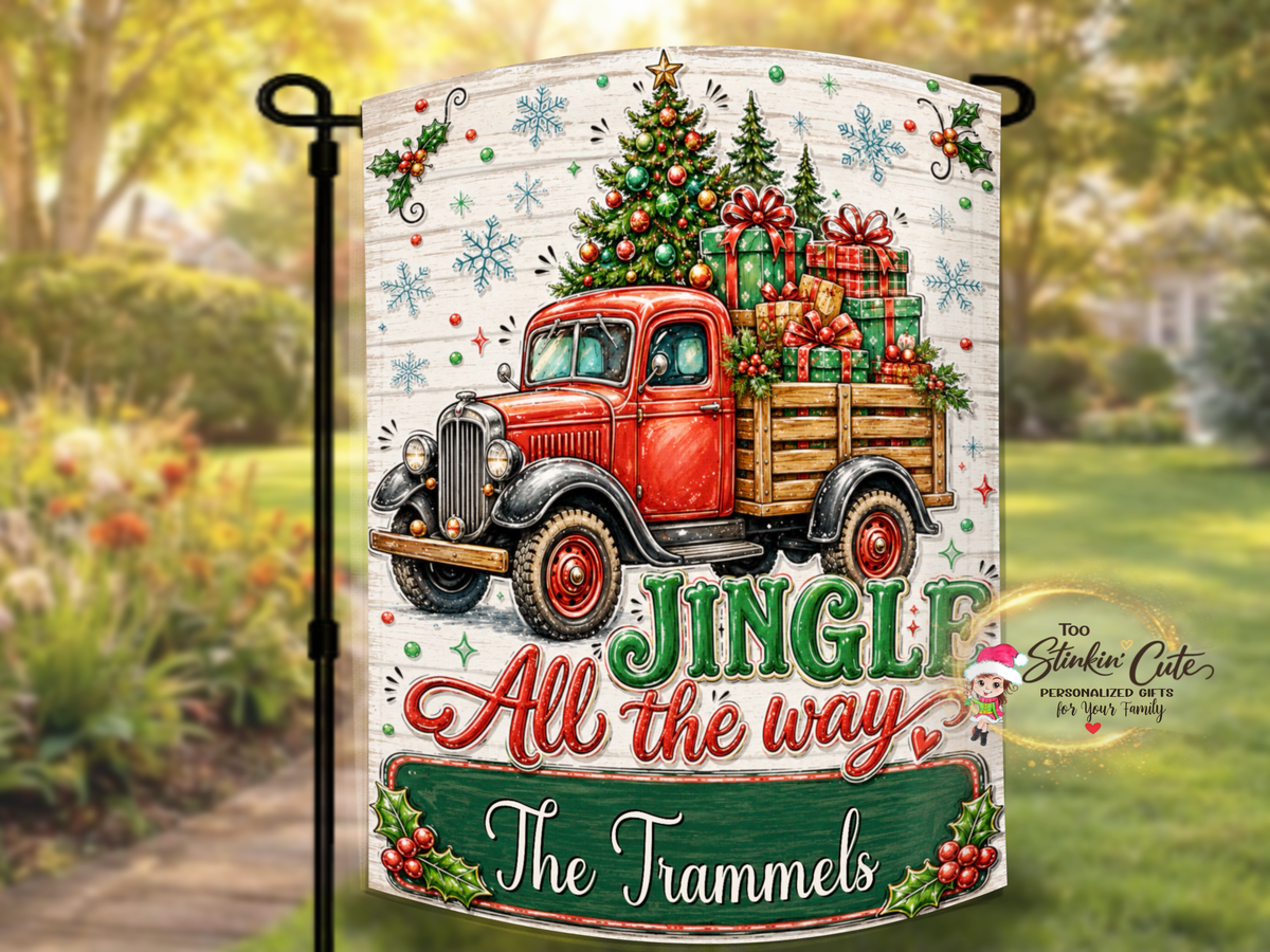 Rustic personalized Christmas garden flag for outdoor porch décor, holiday gifts, farmhouse decorations, and new homeowners.
