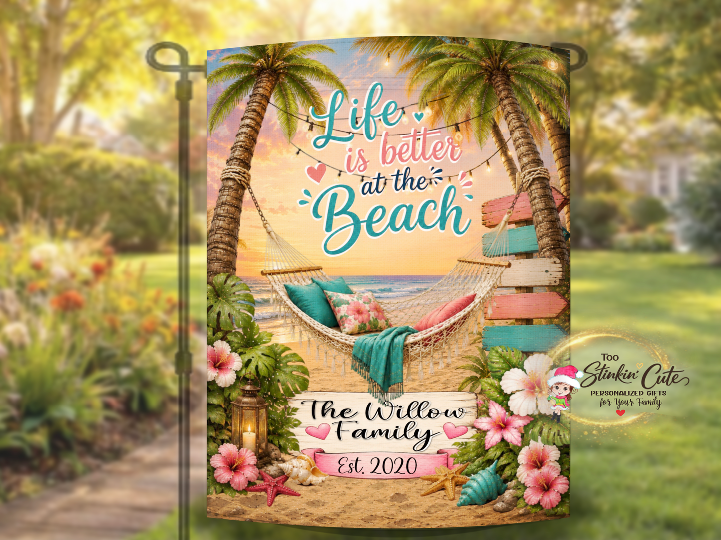 Personalized beach lover garden flag for summer décor.