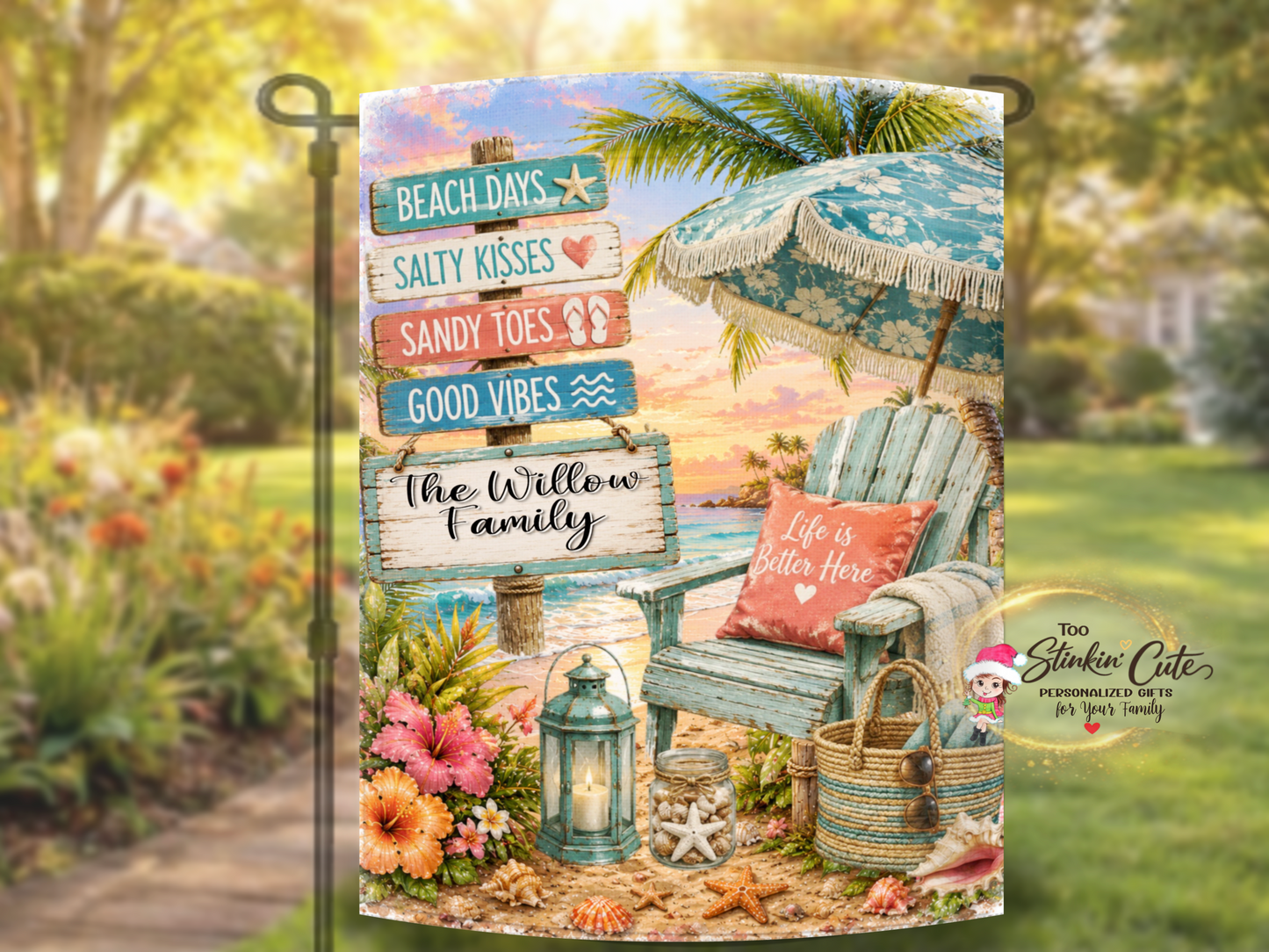 Summer beach house flag with tropical flowers and palm trees.