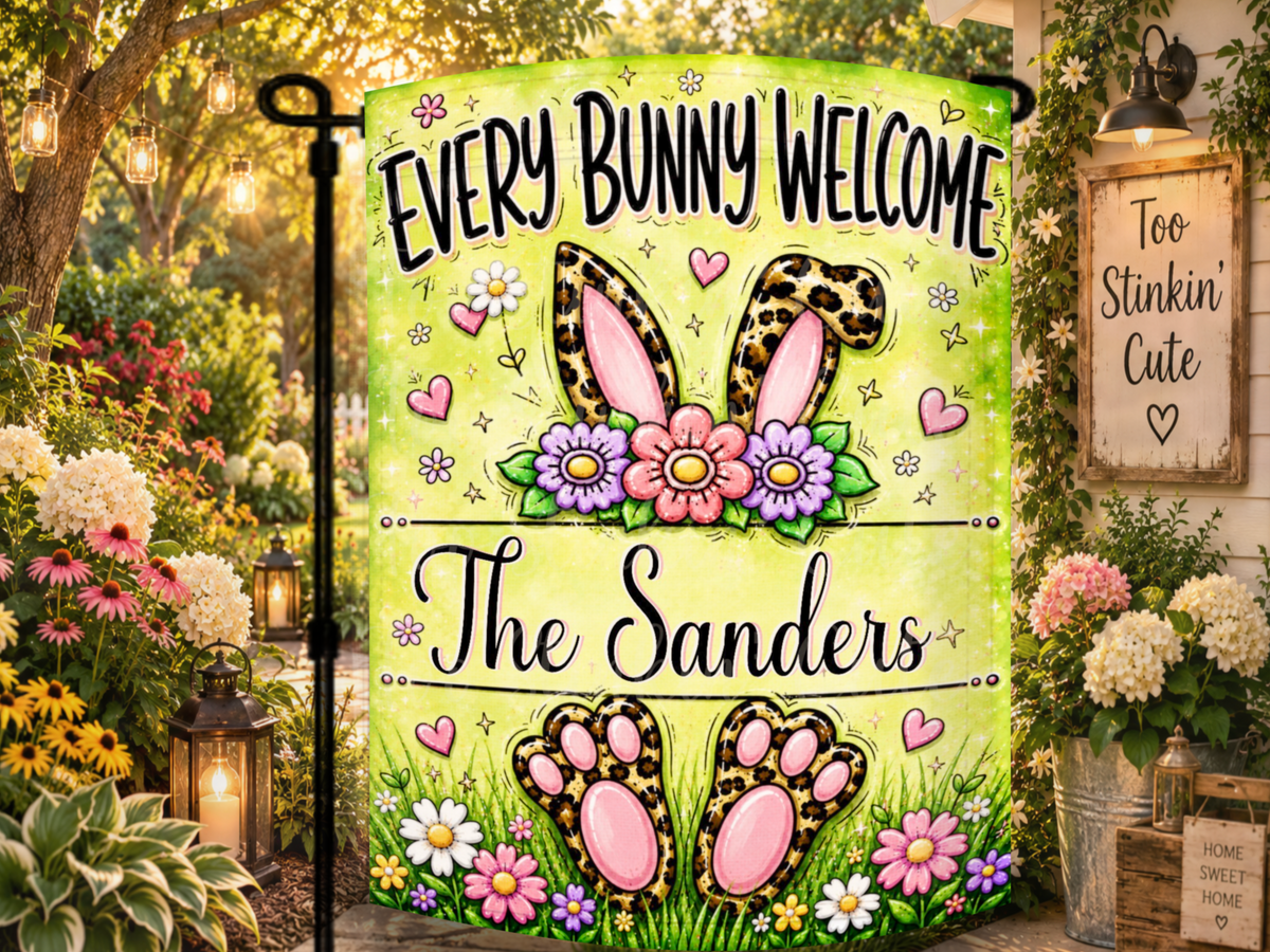 Personalized bunny Easter flag for porches, patios, gardens, walkways, lawns, flower beds, housewarming gifts, and spring decorating.
