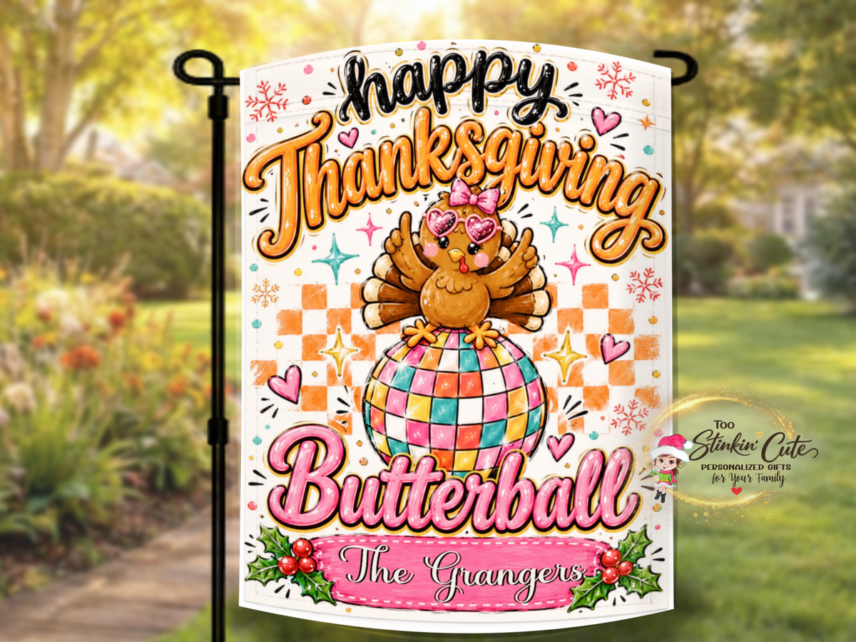 Personalized fall garden flag featuring a colorful Butterball turkey design for Thanksgiving decorating, hostess gifts, family gifts, and new homeowners.