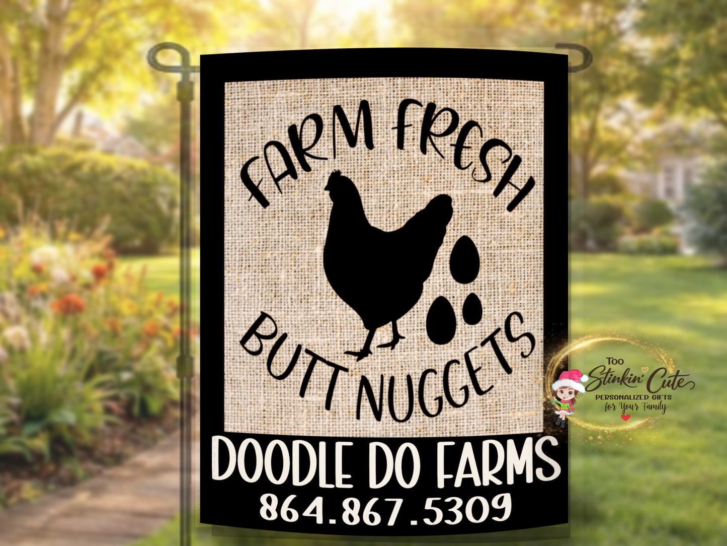 Farmhouse chicken garden flag with black border and burlap style design