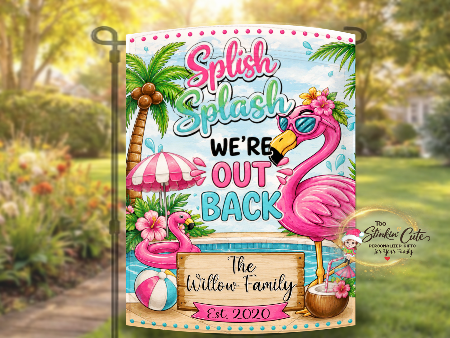 Custom flamingo pool flag with established year.