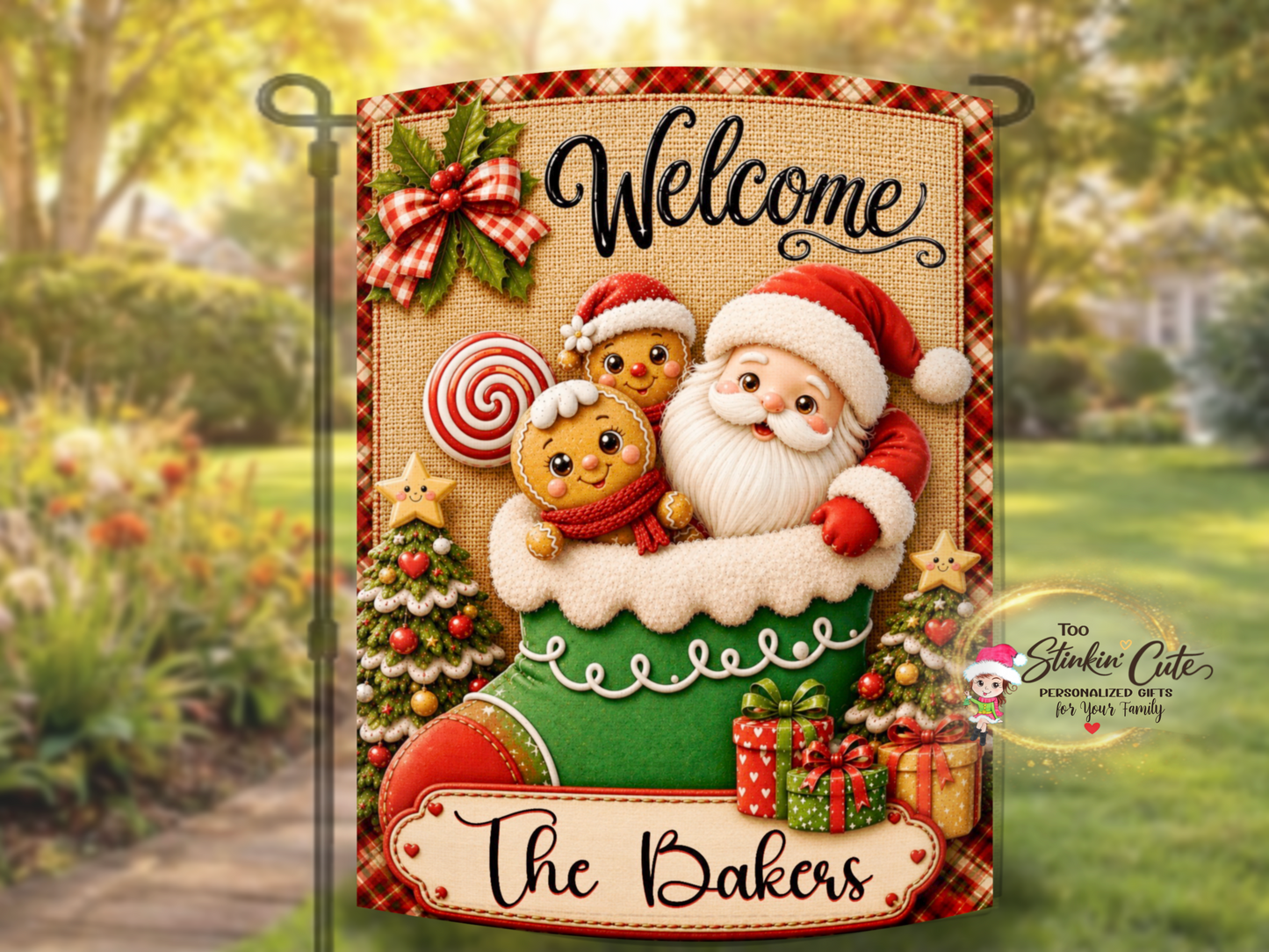 Personalized family Christmas garden flag designed and printed by Too Stinkin’ Cute.