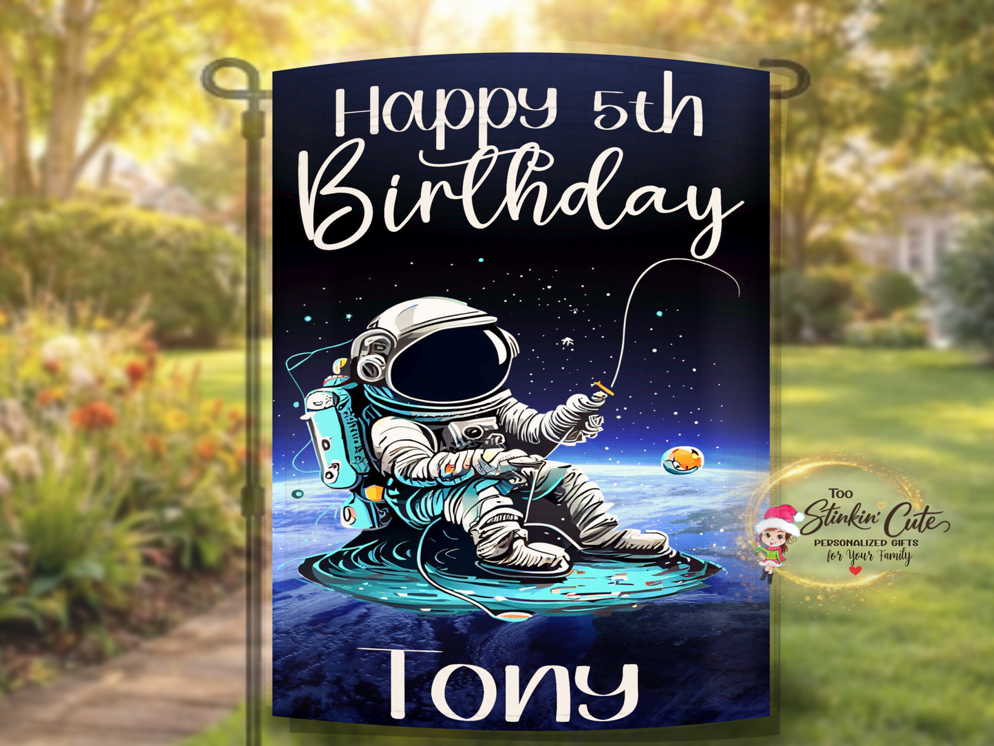 Outer space themed personalized birthday garden flag featuring astronaut artwork