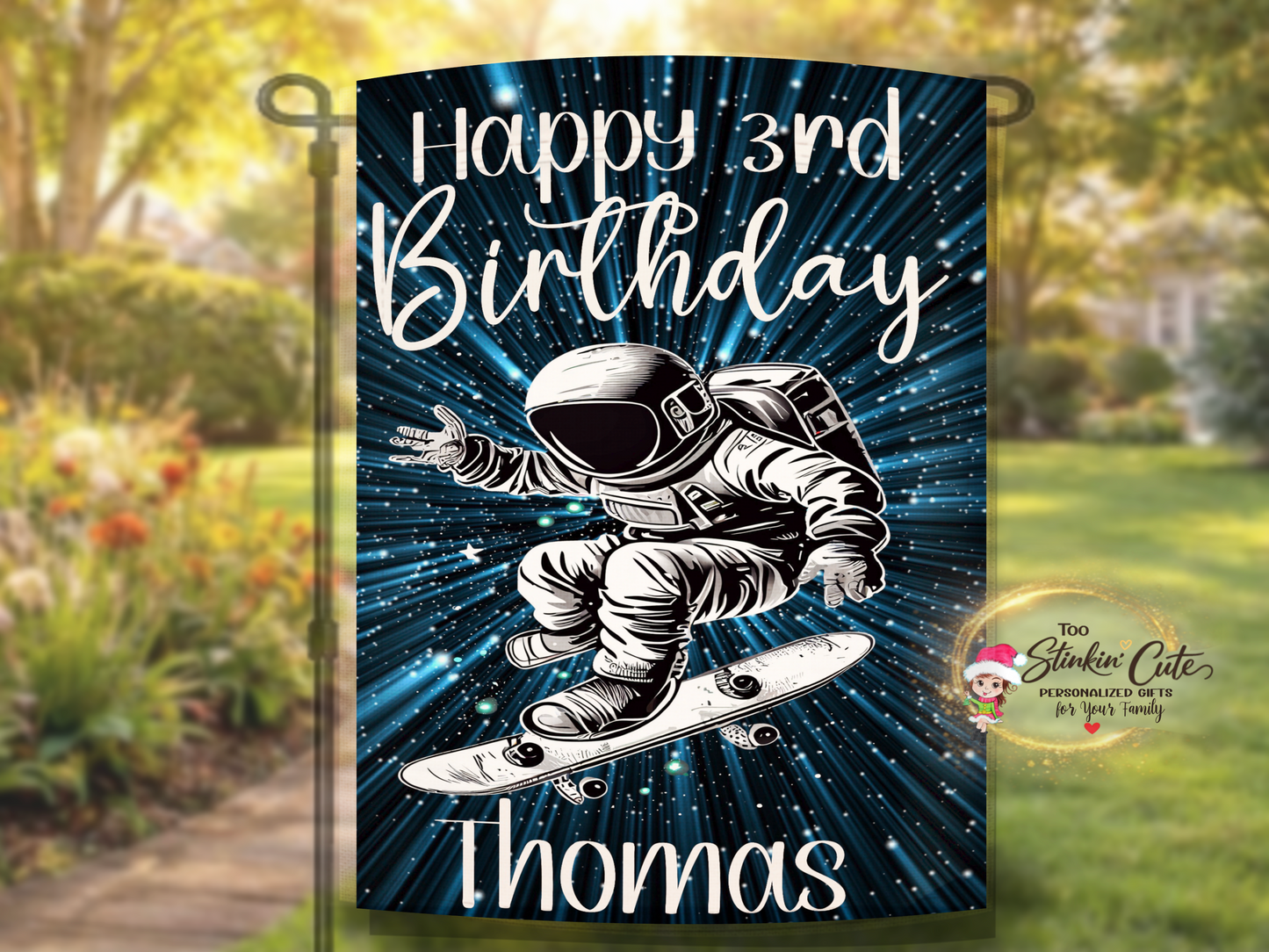 Personalized astronaut birthday garden flag featuring a skateboard astronaut and custom child name
