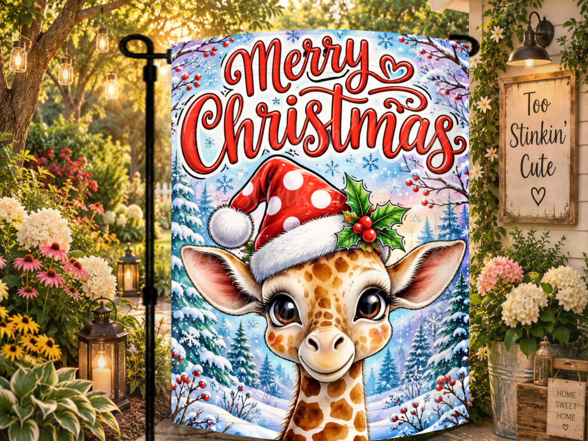 Merry Christmas giraffe flag for porches, patios, gardens, walkways, classrooms, playrooms, and holiday decorating.