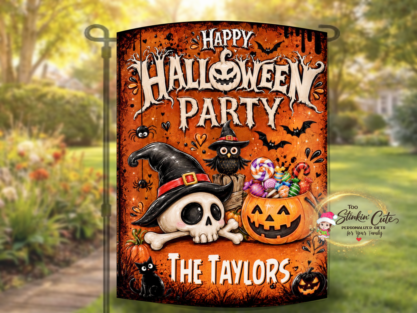 Personalized family Halloween decoration featuring whimsical spooky characters against a distressed orange background.
