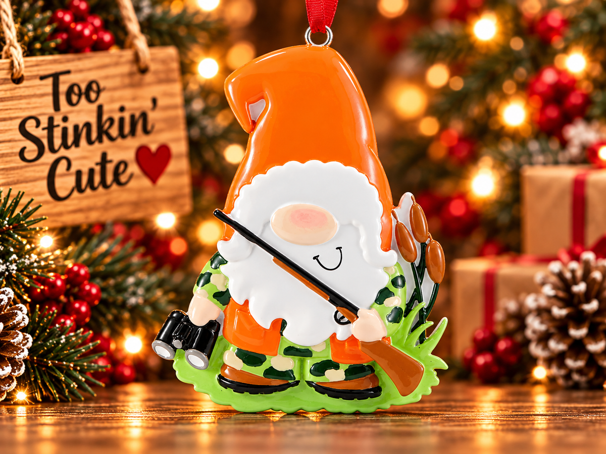 A festive Christmas ornament shaped like a smiling gnome dressed as a hunter, featuring an orange hat, white beard, camouflage clothing, binoculars, and a rifle, hanging against a warm holiday background with a sign that reads 'Too Stinkin' Cute'.