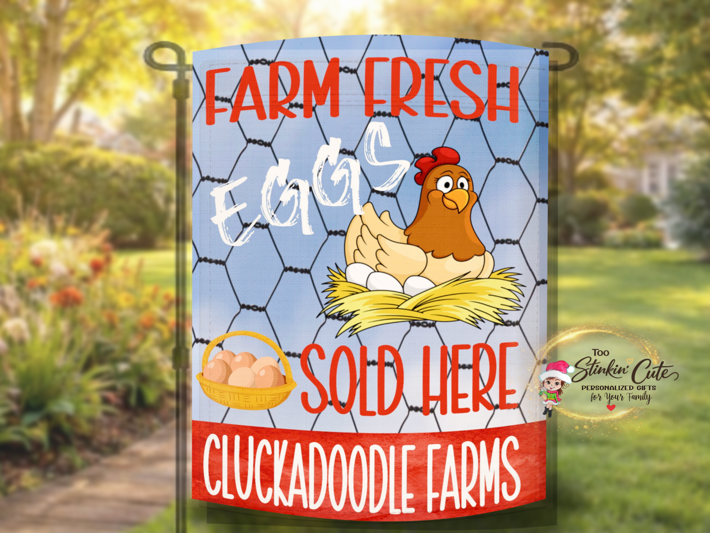 Farmhouse egg stand yard flag with cartoon chicken and eggs