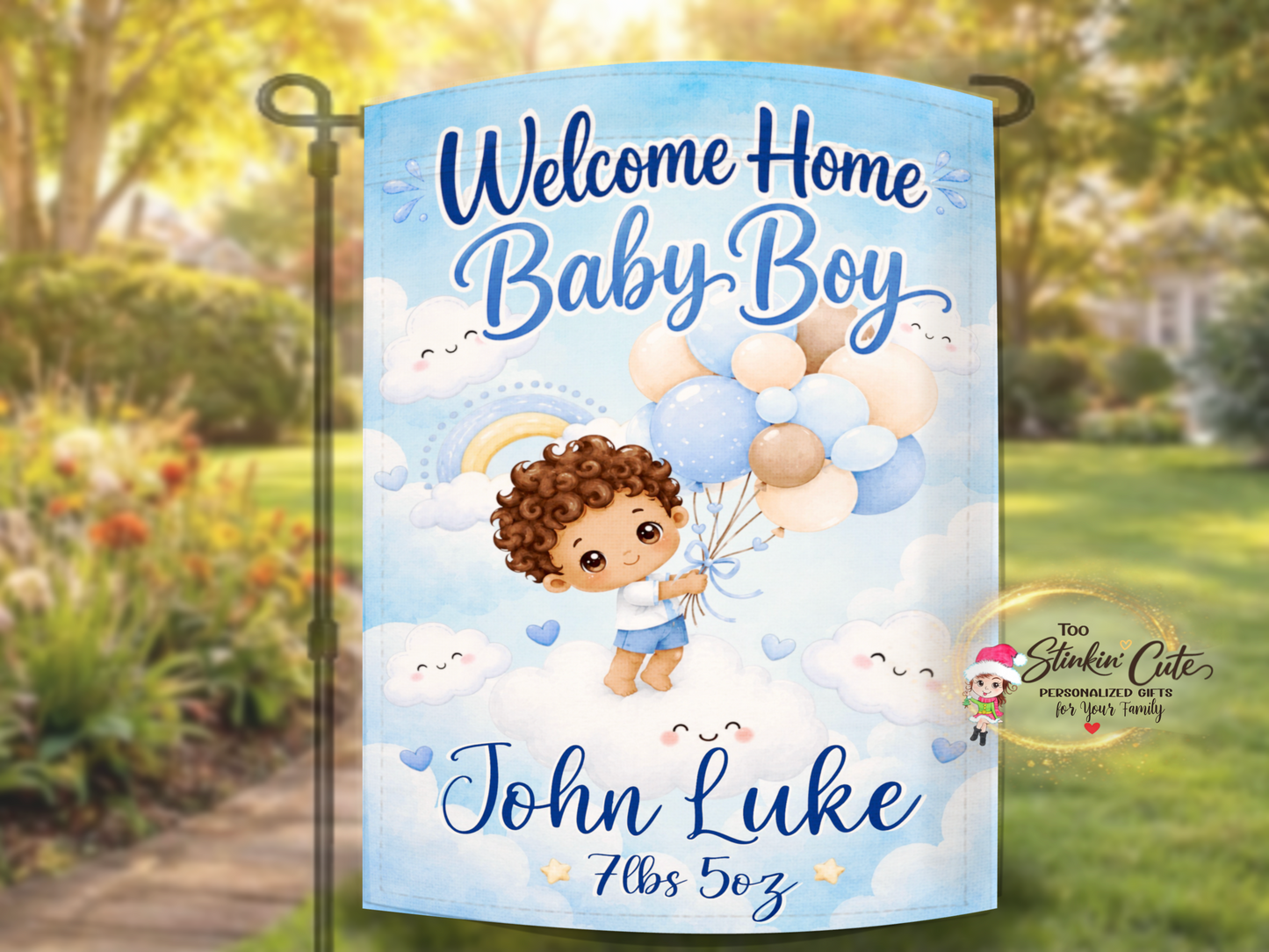 Custom baby boy birth announcement porch flag with cloud theme