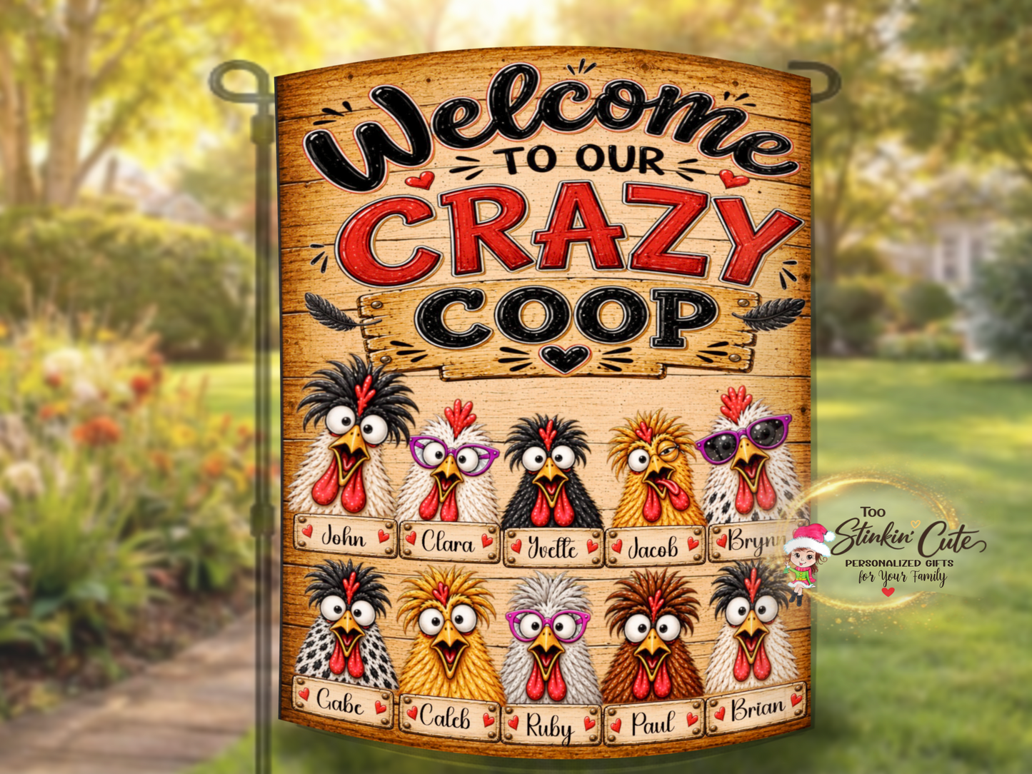 Personalized Crazy Coop porch decoration for gardens, farms, homesteads, chicken coops, and farmhouse homes.