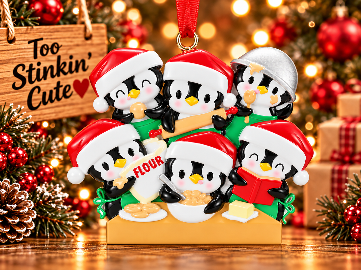 Penguin baking family of six ornament displayed beside a Too Stinkin’ Cute wooden sign in a rustic Christmas setting.