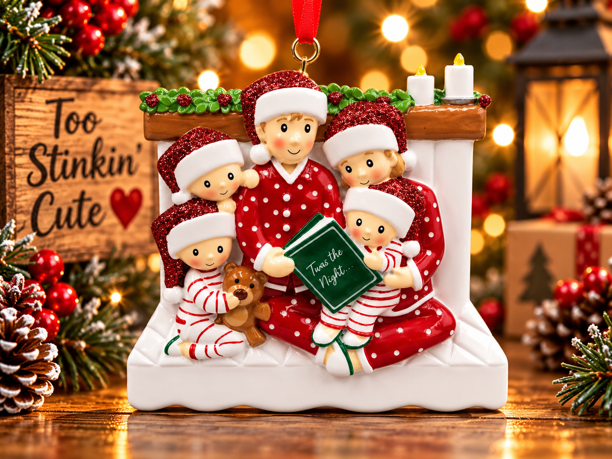 Hand holding a pink Too Stinkin’ Cute pen beside a family of five Christmas story ornament.