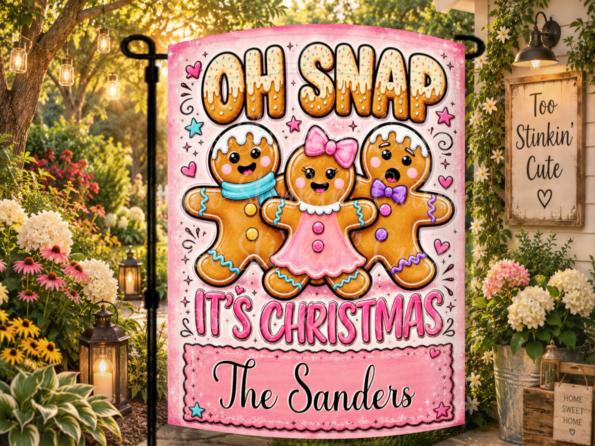 Whimsical personalized gingerbread family flag for Christmas gifts, housewarming presents, porches, gardens, walkways, patios, and yards.