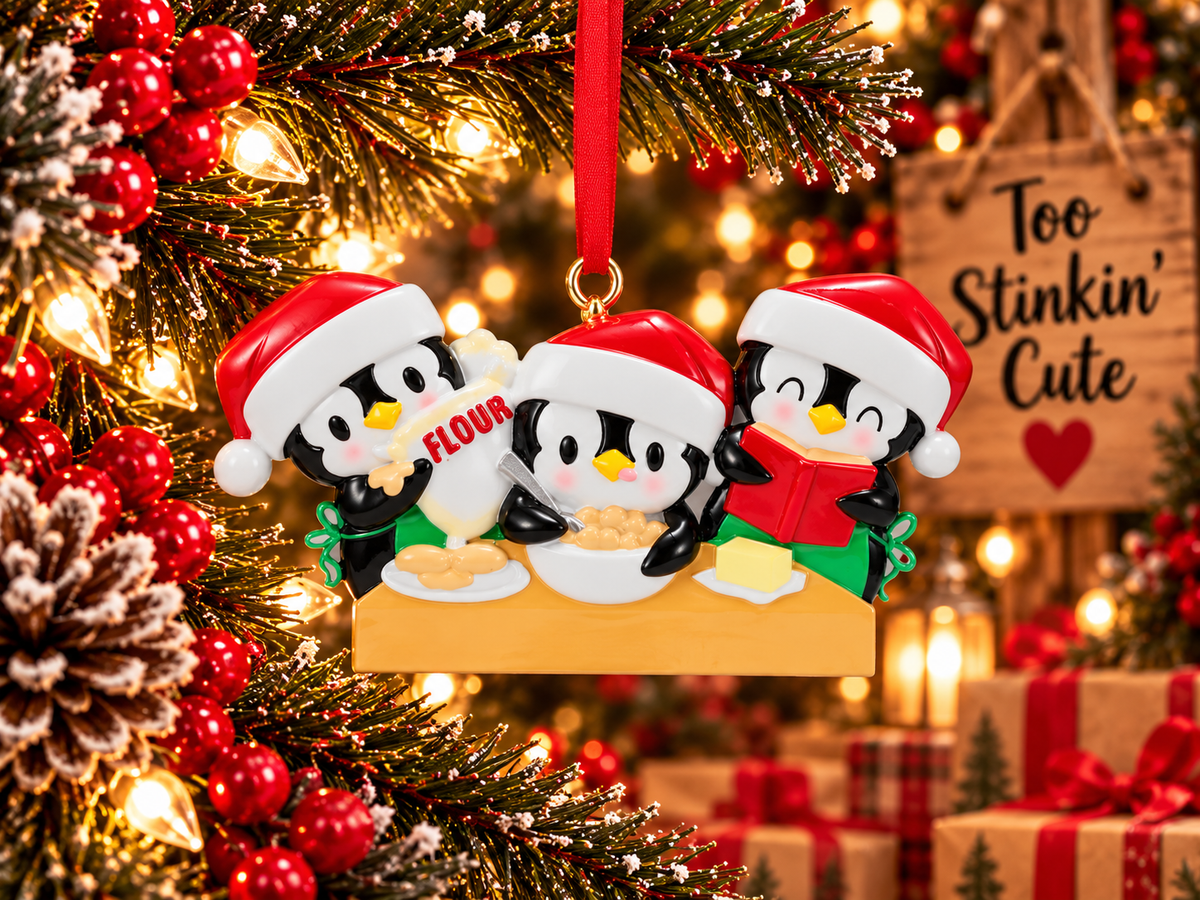Three penguin bakers ornament displayed beside a Too Stinkin’ Cute wooden sign in a rustic holiday setting.