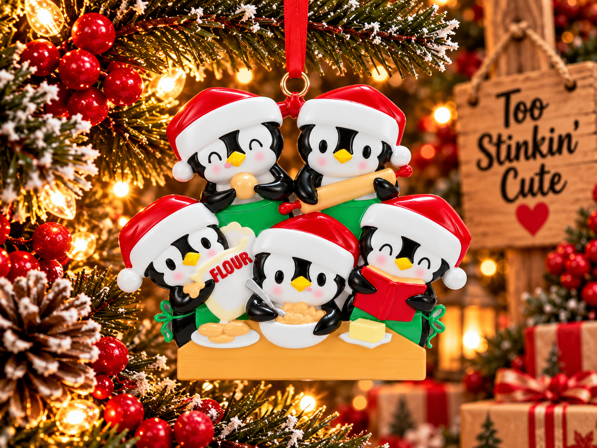 Hand holding a pink personalization pen beside a five-penguin baking family Christmas ornament.