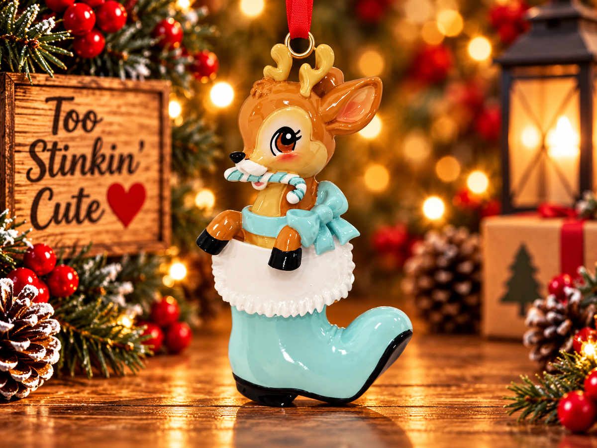 Reindeer boot ornament hanging from a red ribbon beside a wooden Too Stinkin’ Cute sign.