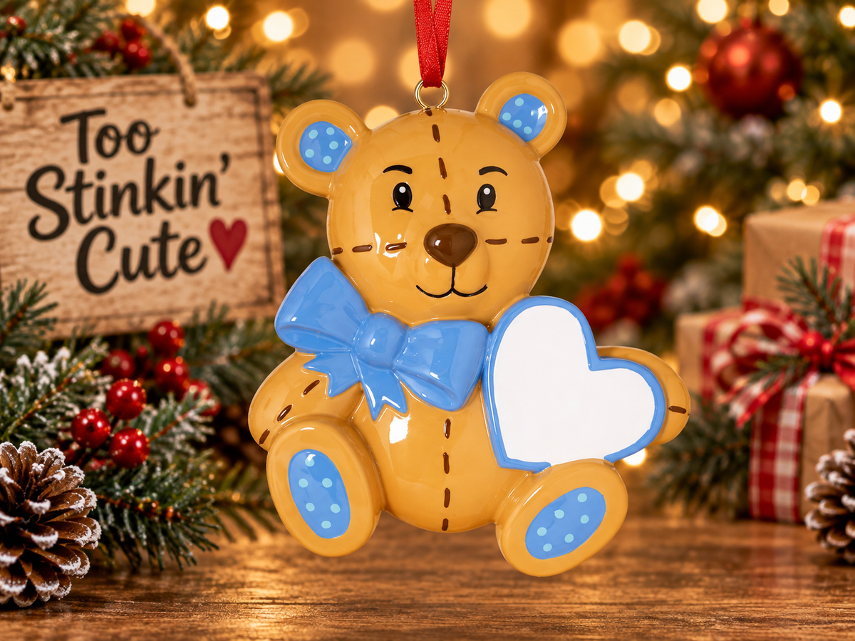 Custom boys holiday ornament with a brown bear and blue details
