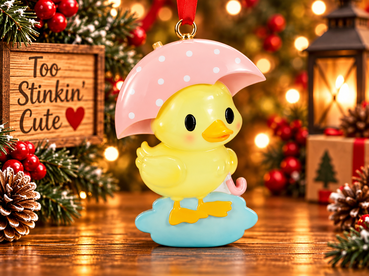 Pink umbrella duck ornament displayed beside a Too Stinkin’ Cute wooden sign in a festive Christmas scene.