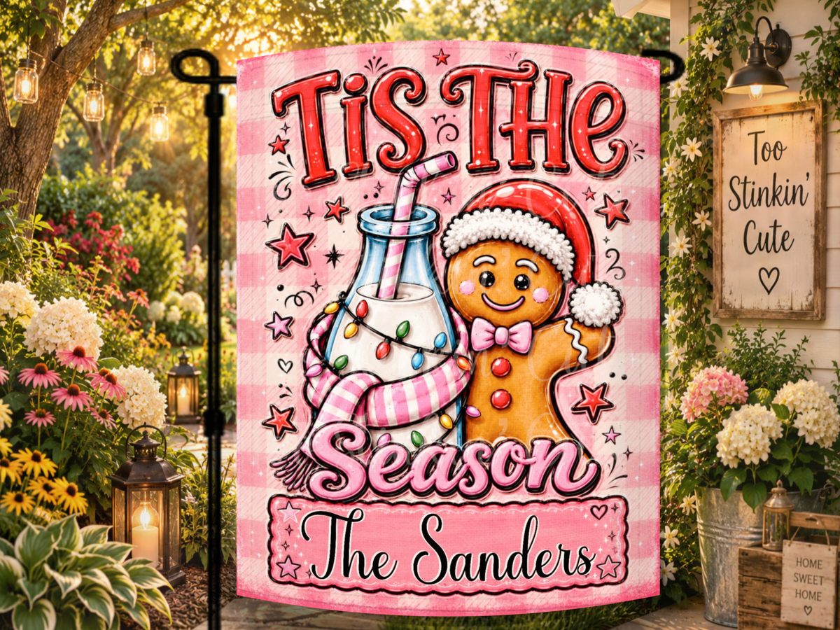 Whimsical personalized Christmas flag for pink holiday décor, gingerbread gifts, family presents, housewarmings, porches, gardens, and yards.