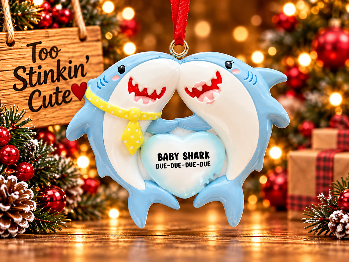 Expecting shark couple ornament displayed beside a Too Stinkin’ Cute wooden sign in a rustic holiday setting.