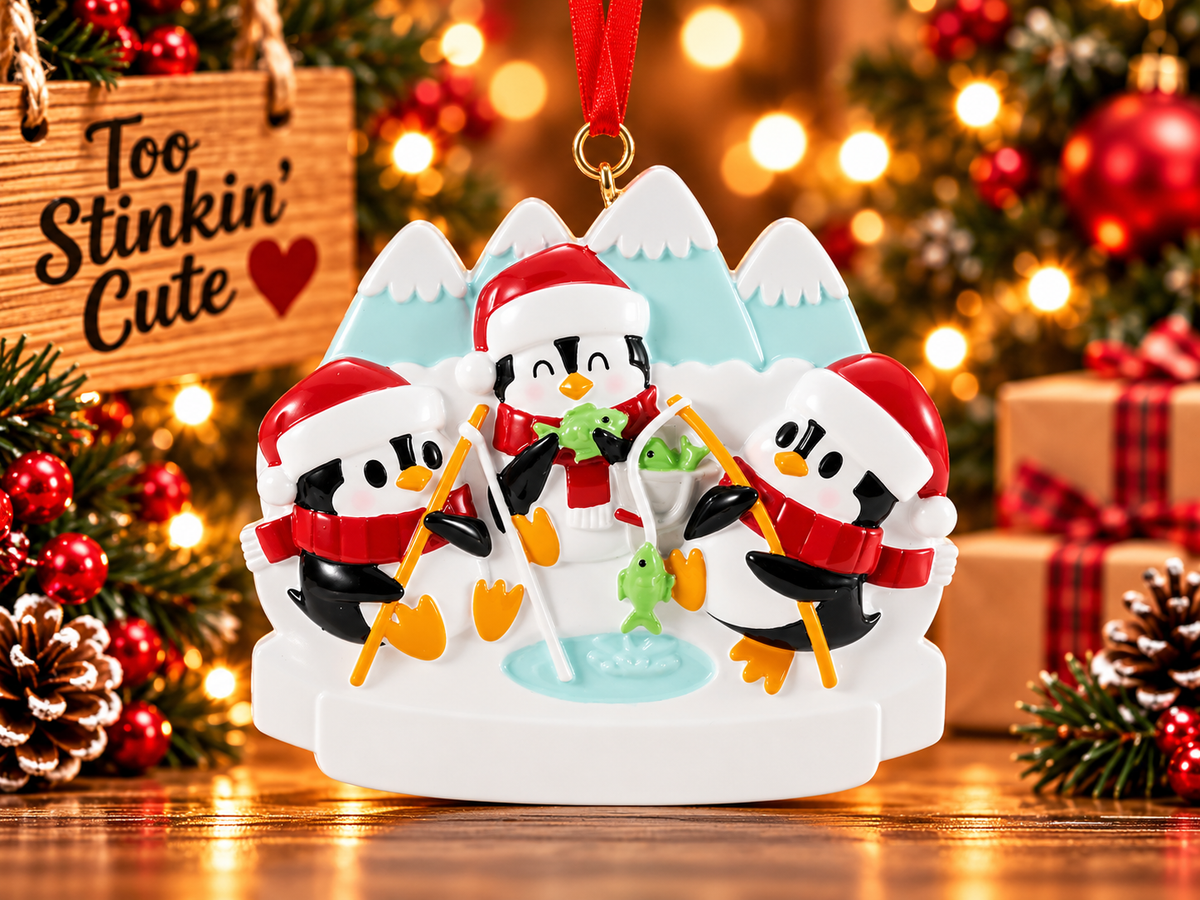 Three penguin fishing ornament beside a Too Stinkin’ Cute wooden sign in a rustic holiday setting.