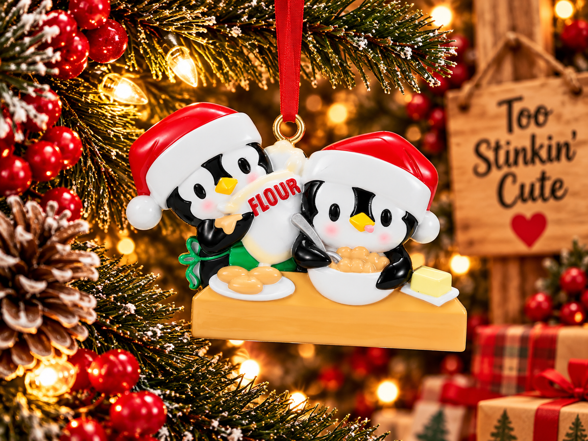 Two penguin bakers ornament displayed beside a Too Stinkinโ Cute wooden sign in a rustic Christmas setting.