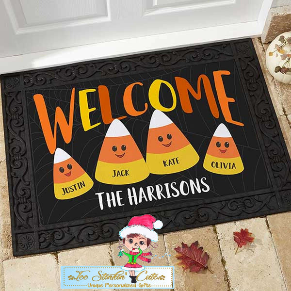 Personalized Halloween Candy Corn Family Doormat Rug + Free Shipping/ Fall/ Pumpkin/ Scary/ Witch/ Floormat