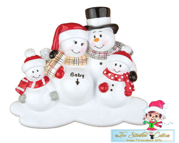 We're Expecting Snowman Family of 5 Personalized Christmas Ornament
