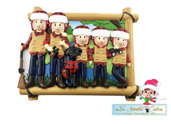 Personalized Christmas Hunting Family of 5 w/ dog Ornament|Camper Ornament|Camping Ornament|Happy Camper|Camping Gift|Happy Camper Ornament