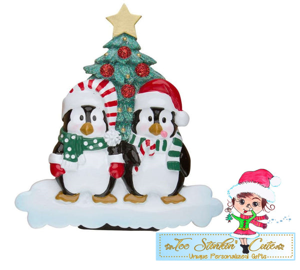 Personalized Christmas Table Topper Penguin Tree Family of 2