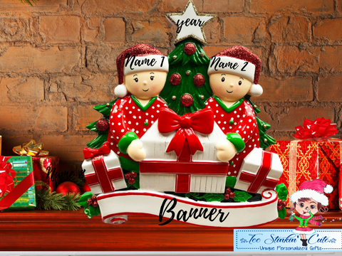 Table Topper Pajama Family Opening Presents Family of 2 Personalized Christmas Table Topper