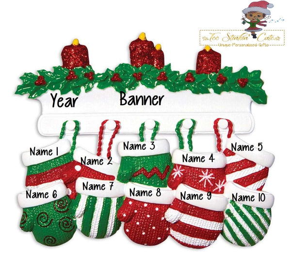 Christmas Ornament Stockings Family of 10/ Mittens - Personalized + Free Shipping!
