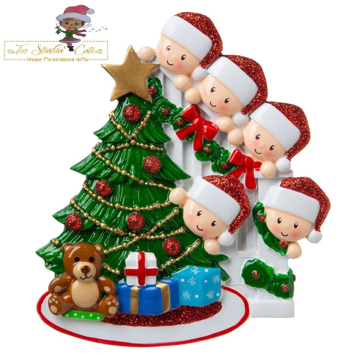 Christmas Ornament Peeking Christmas Tree Family of 5 - Personalized + Free Shipping!