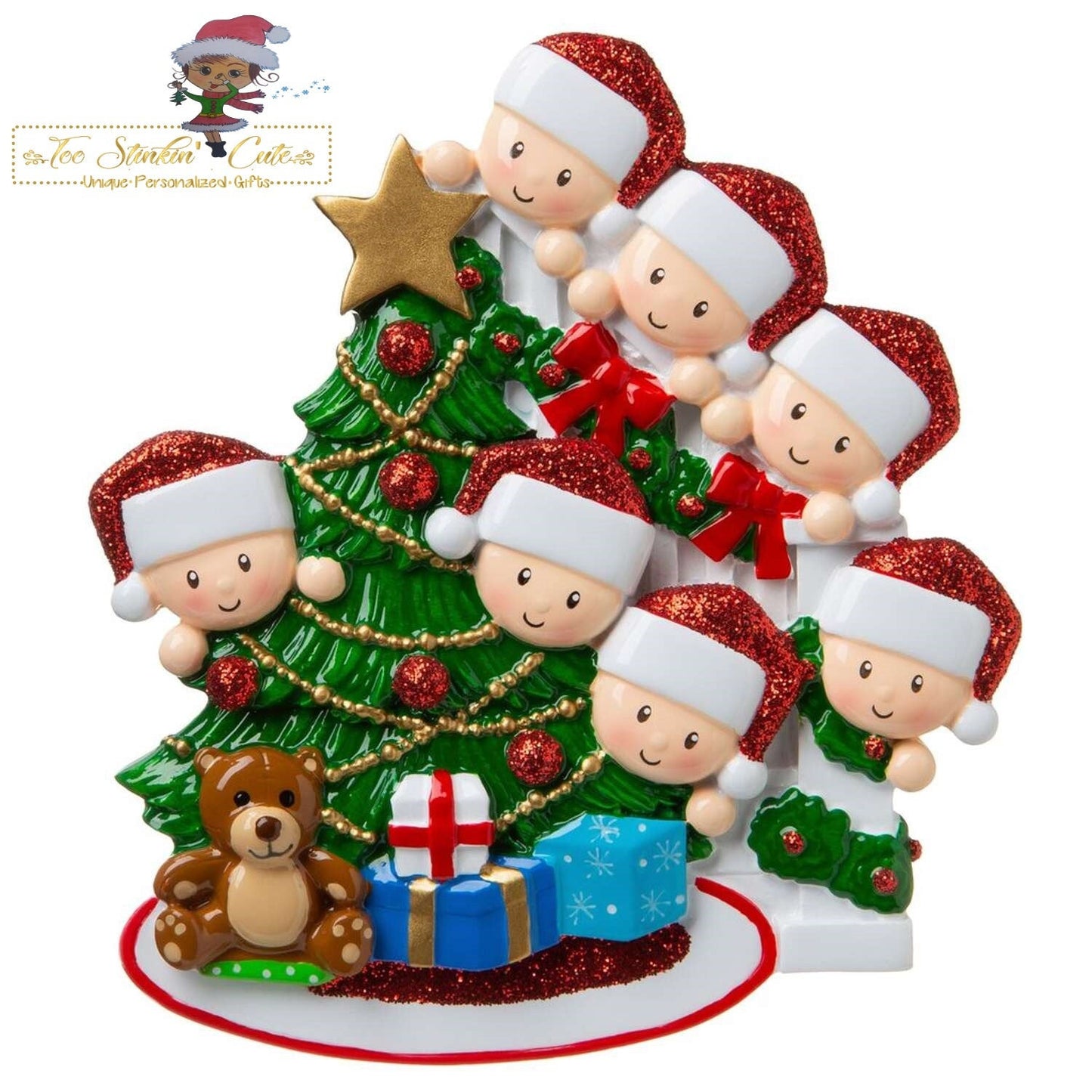 Christmas Ornament Peeking Christmas Tree Family of 7 - Personalized + Free Shipping!