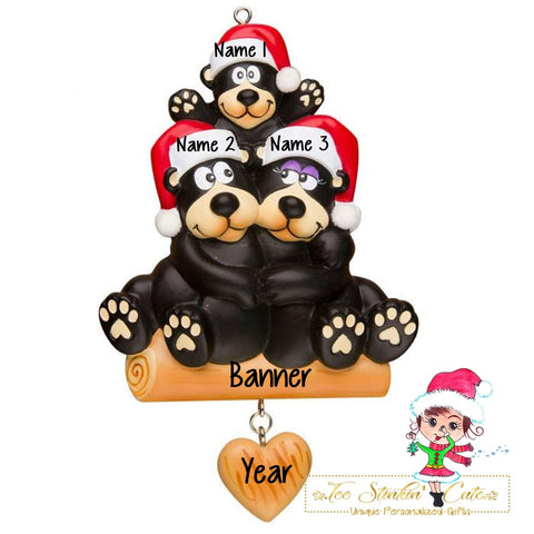 Christmas Ornament Black Bear Family of 3/ Friends/ Coworkers - Personalized + Free Shipping!