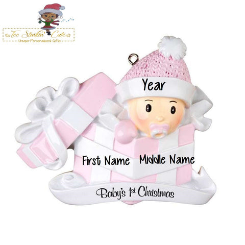 Christmas Ornament Baby Girl in Present/ Baby's 1st Christmas/ Newborn/ New Baby - Personalized + Free Shipping!