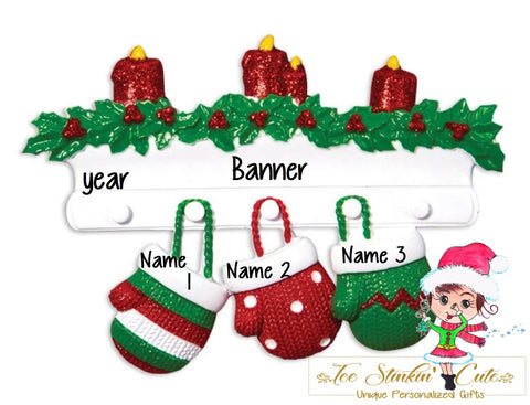 Personalized Christmas Ornament Mittens Family of 3 + Free Shipping!