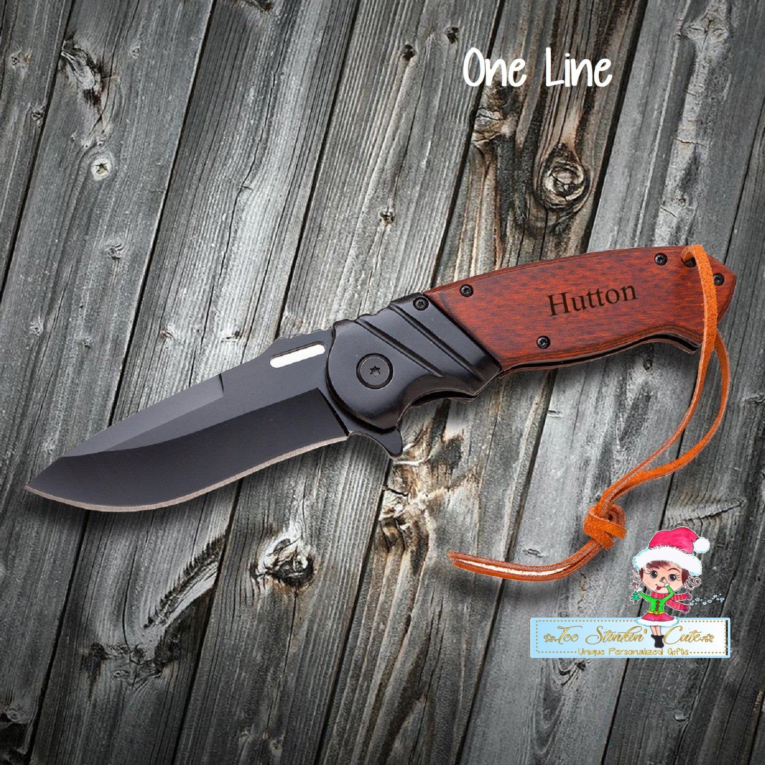 Custom Saw Mountain Personalized Wood Handle Spring Assisted Pocket Knife With Leather Wrist Lanyard/ Men Boss Executive Dad Son