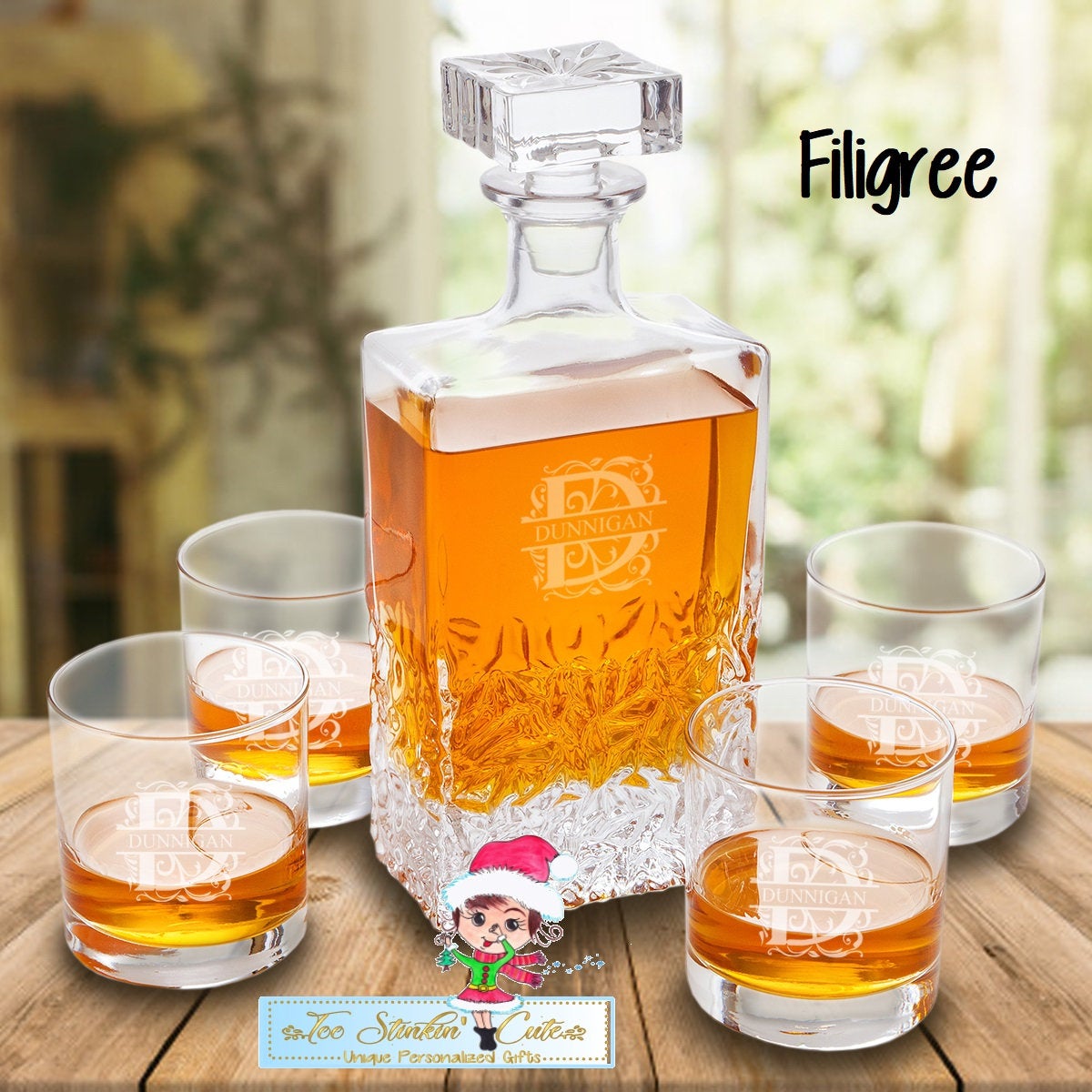 Personalized Decanter set with 4 low balls Liquor Whiskey Barware Bos