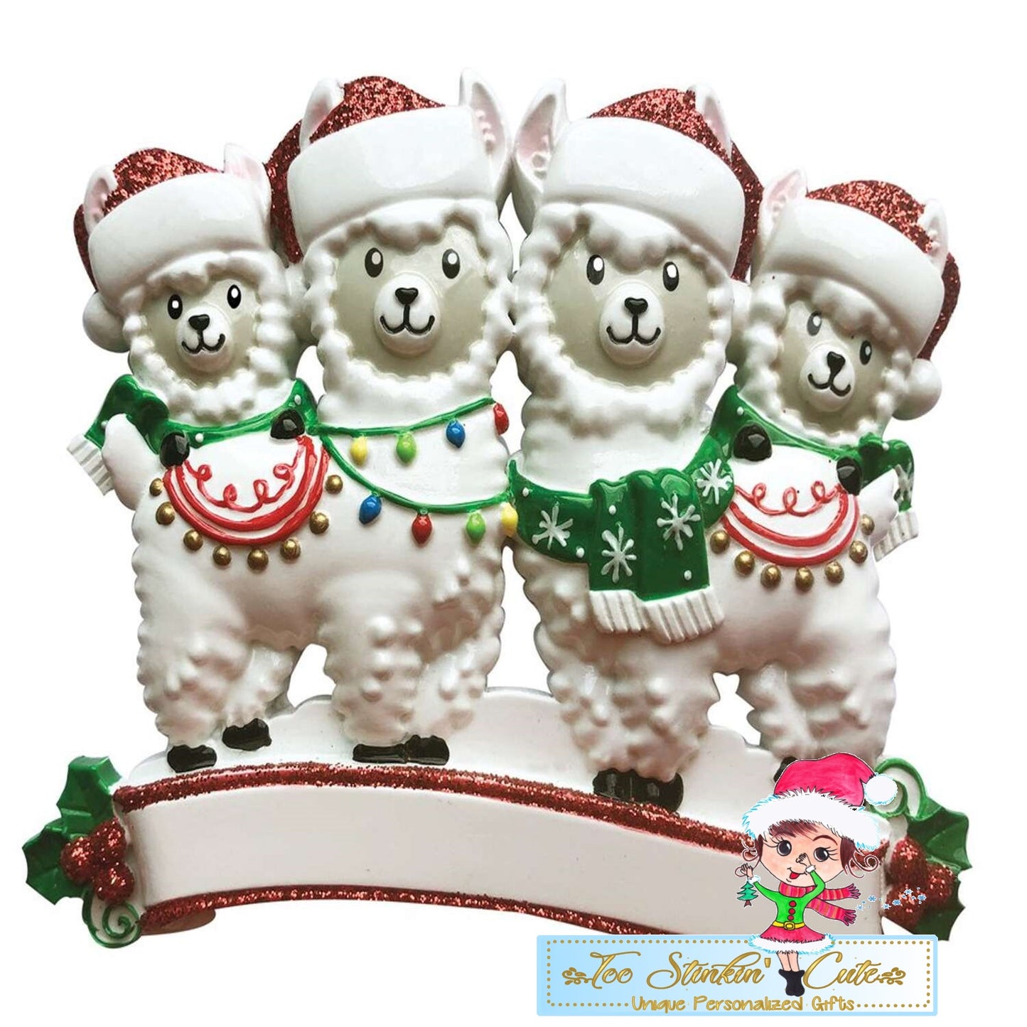 Llama Family of 4 Personalized Christmas Ornament + Free Shipping