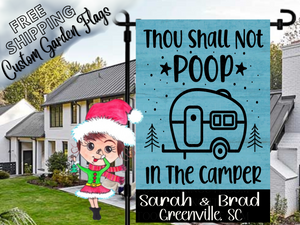 🚫💩🏕️ Ready to take your camping decor to the next level? Our hilarious garden flag is here to save the day (and your camper)! 🌟 "Thou Shall Not Poop in the Camper" is the ultimate rule for a fresh and fun outdoor experience.